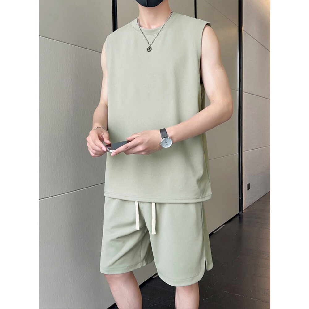 夏季薄款速干背心短裤套装休闲运动冰丝无袖t恤男篮球服穿搭一套