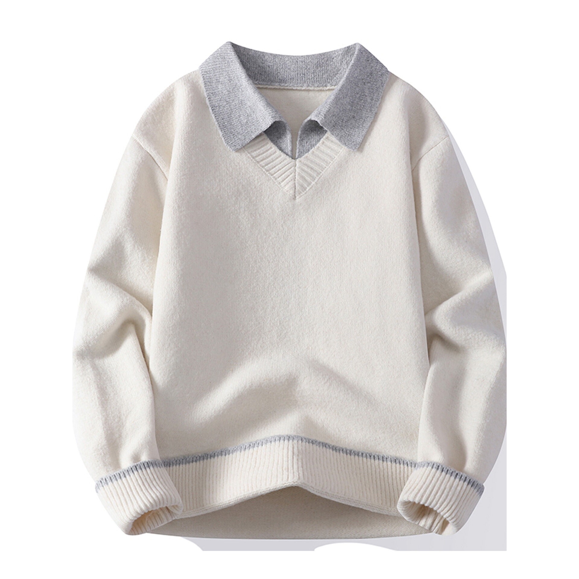 日系V领针织衫男装秋冬季潮流宽松假两件毛衣男士加厚打底衫线衣