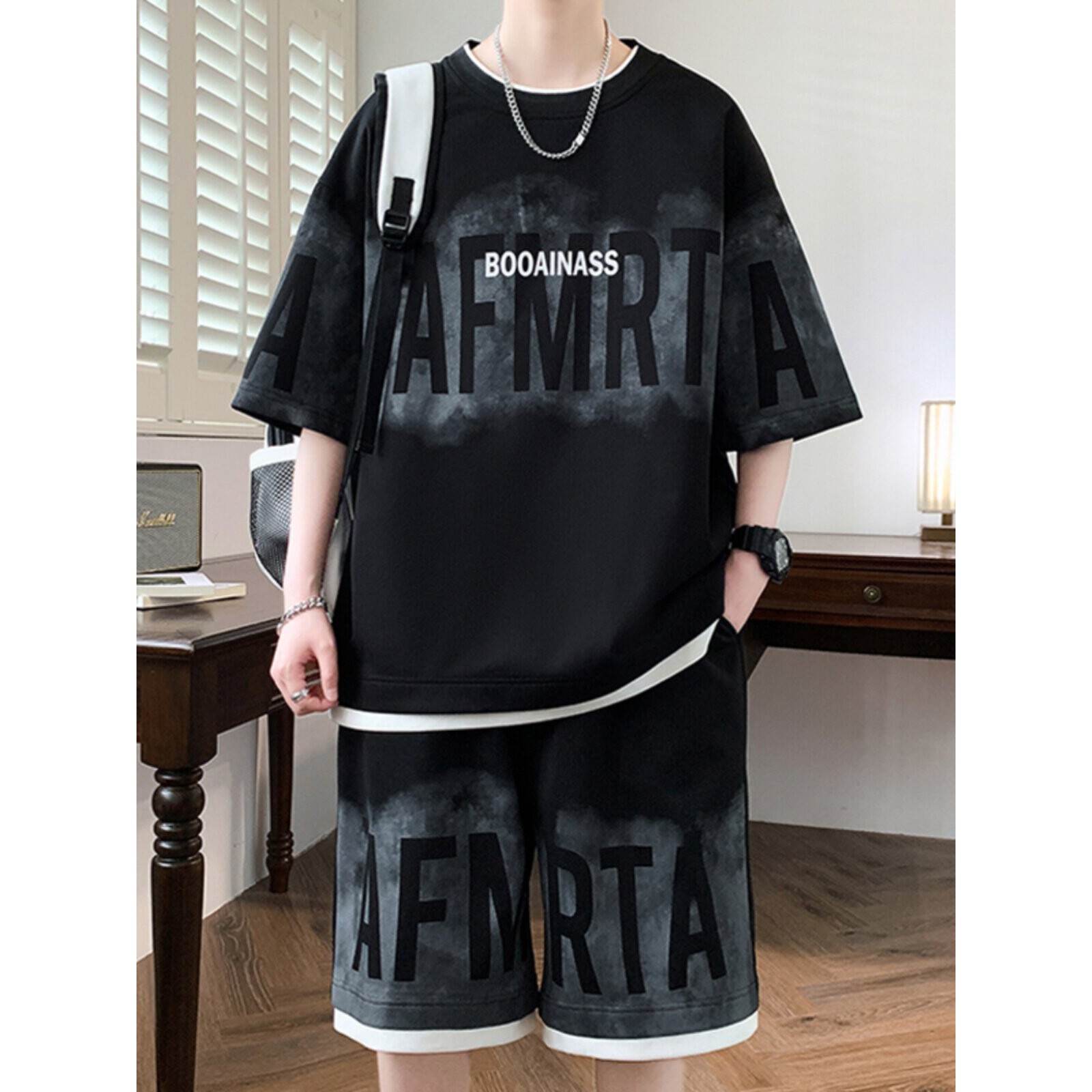 美式高街短袖T恤男短裤休闲套装男夏季青少年假两件穿搭配一整套