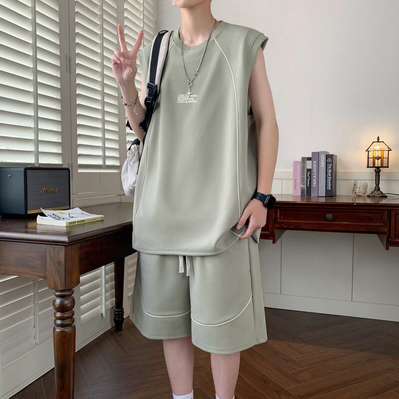 背心短裤穿搭一套无袖t恤高级感衣服冰丝休闲运动套装男夏季坎肩