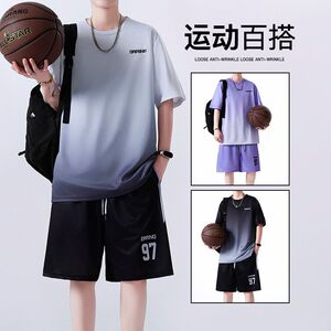 2026夏季新款青少年渐变圆领短袖套装清爽透气宽松帅气百搭两件套