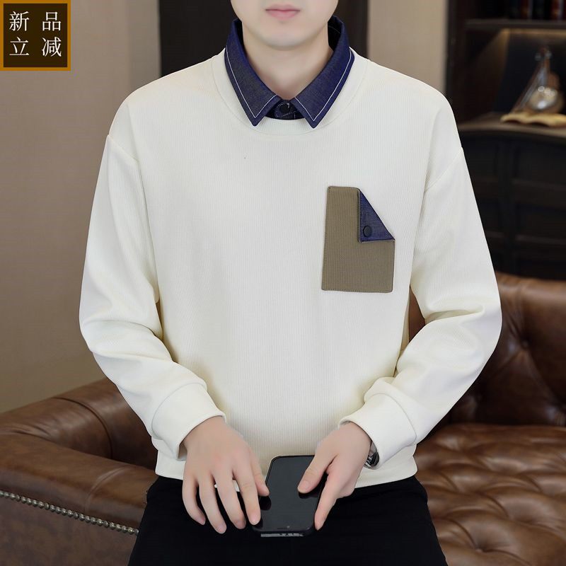 品质男士衬衫领卫衣春秋季新款休闲宽松拼接撞色假两件翻领衣服长