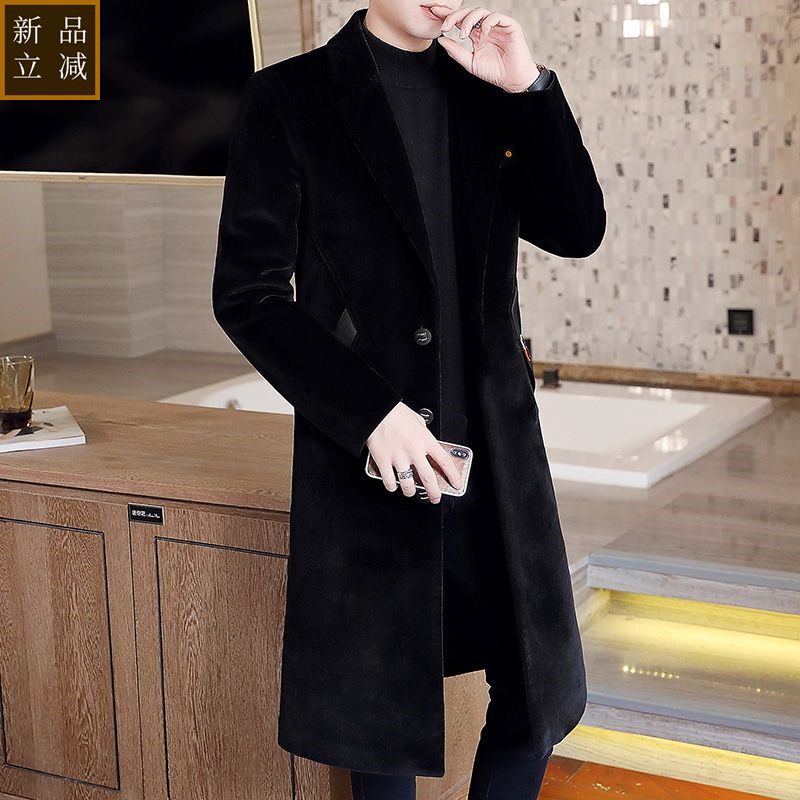品质秋冬季仿水貂绒风衣男士中长款西装领潮流纯色毛呢大衣加厚外