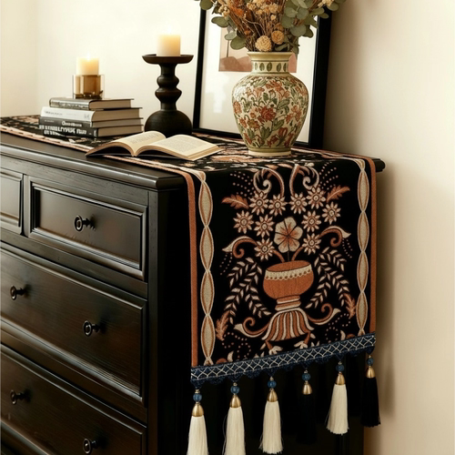 美式中古风黑色高级流苏桌旗