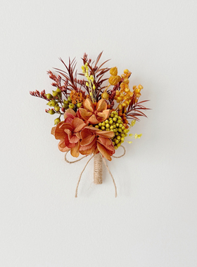 想象STUDIO新郎胸花永生花 新娘手腕花橙色 婚礼伴郎伴娘父母襟花