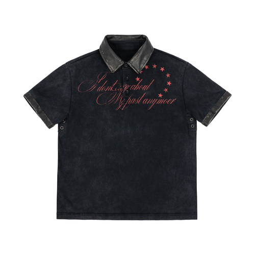 ANTIDOTE 拼接皮领花体字印花POLO衫撞钉正肩短袖T恤