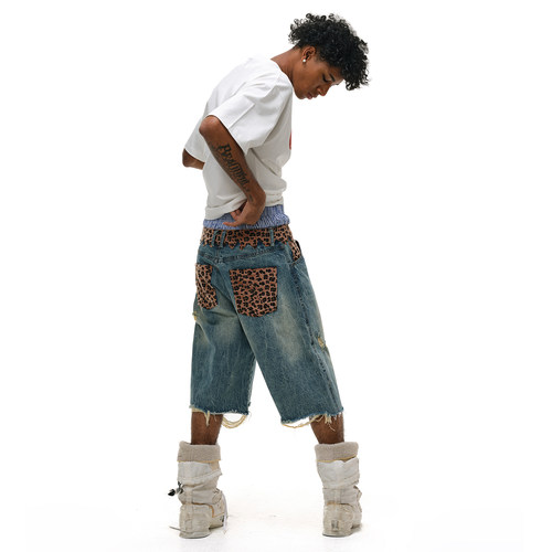 ANTIDOTE 毛感豹纹拼接破洞中裤毛边刮烂工装牛仔七分裤水洗短裤