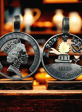 好成交吧手工镂空香港5元流浪者紫荆花镶嵌真硬币复古个性项吊坠