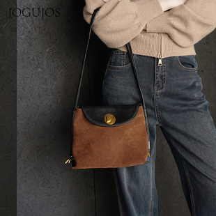 时尚复古真皮拼接女包小众设计百搭单肩腋下包反绒皮小方包手机包