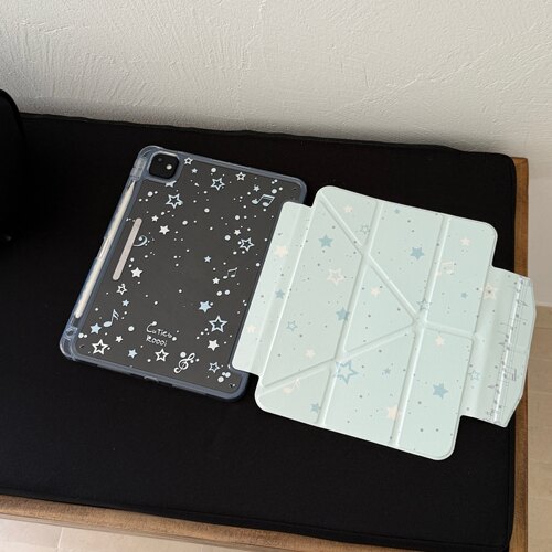 蓝底泼墨星星三折带笔槽iPad壳