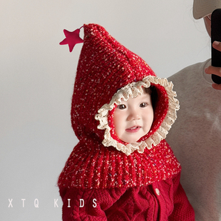 圣诞帽宝宝帽子披肩围巾一体红色新年帽婴幼儿童毛线针织护耳帽子
