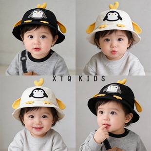 婴儿渔夫帽子春秋薄款可爱超萌小月龄男女宝宝盆帽卡通企鹅遮阳帽