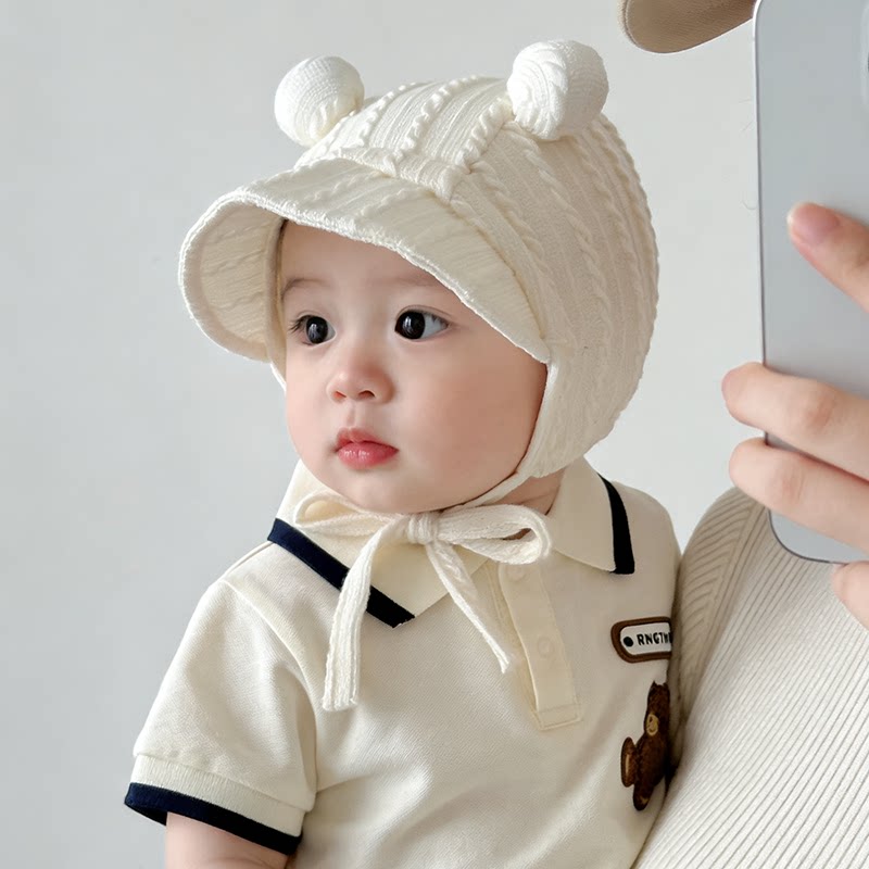 婴儿帽子春秋薄款遮阳帽宝宝超萌球球大檐防晒帽防风胎帽护囟门韩