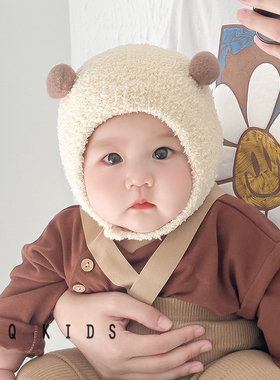 婴儿帽子秋冬季小月龄可爱超萌保暖男女宝宝护耳毛绒套头帽纯色潮