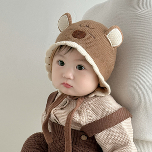 婴幼儿帽子秋冬女宝毛线帽小月龄男宝超萌卡通冬季保暖针织护耳帽