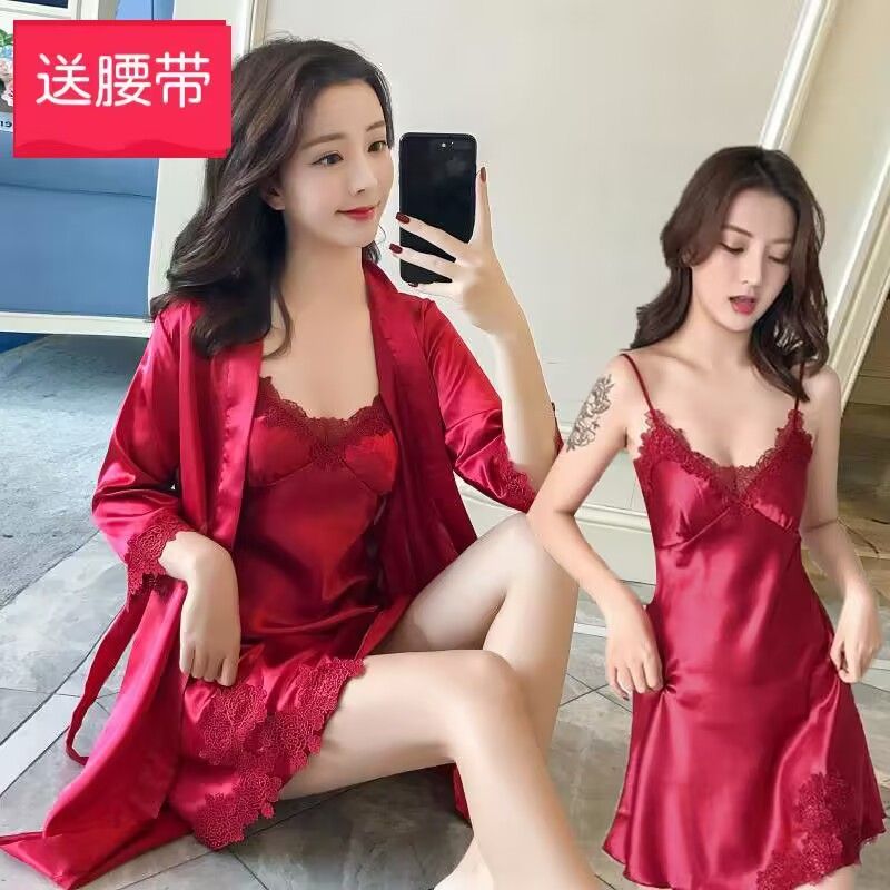 夏季睡衣女冰丝蕾丝睡袍性感带胸垫两件套睡裙吊带春秋浴袍真丝绸
