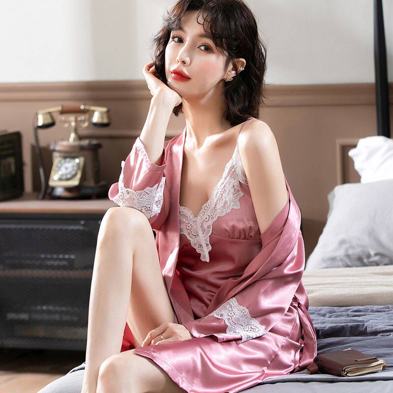 夏季带胸垫新娘睡衣睡袍女冰丝薄款吊带性感睡裙两件套晨袍家居服