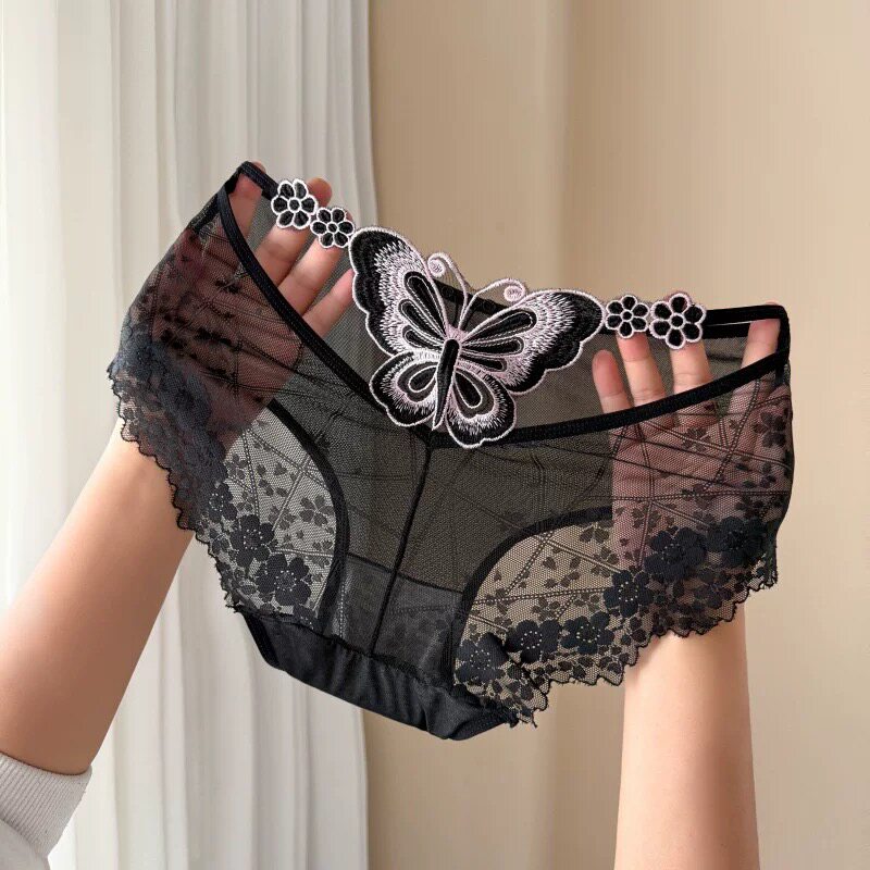 【90-200斤】纯欲女士内裤网纱提花性感镂空彩色蝴蝶刺绣大码内裤