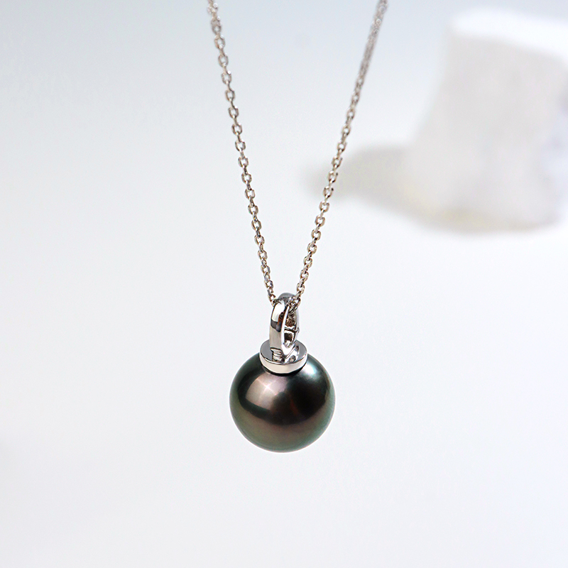 12-13mm大溪地黑珠吊坠18K金万能扣+银链