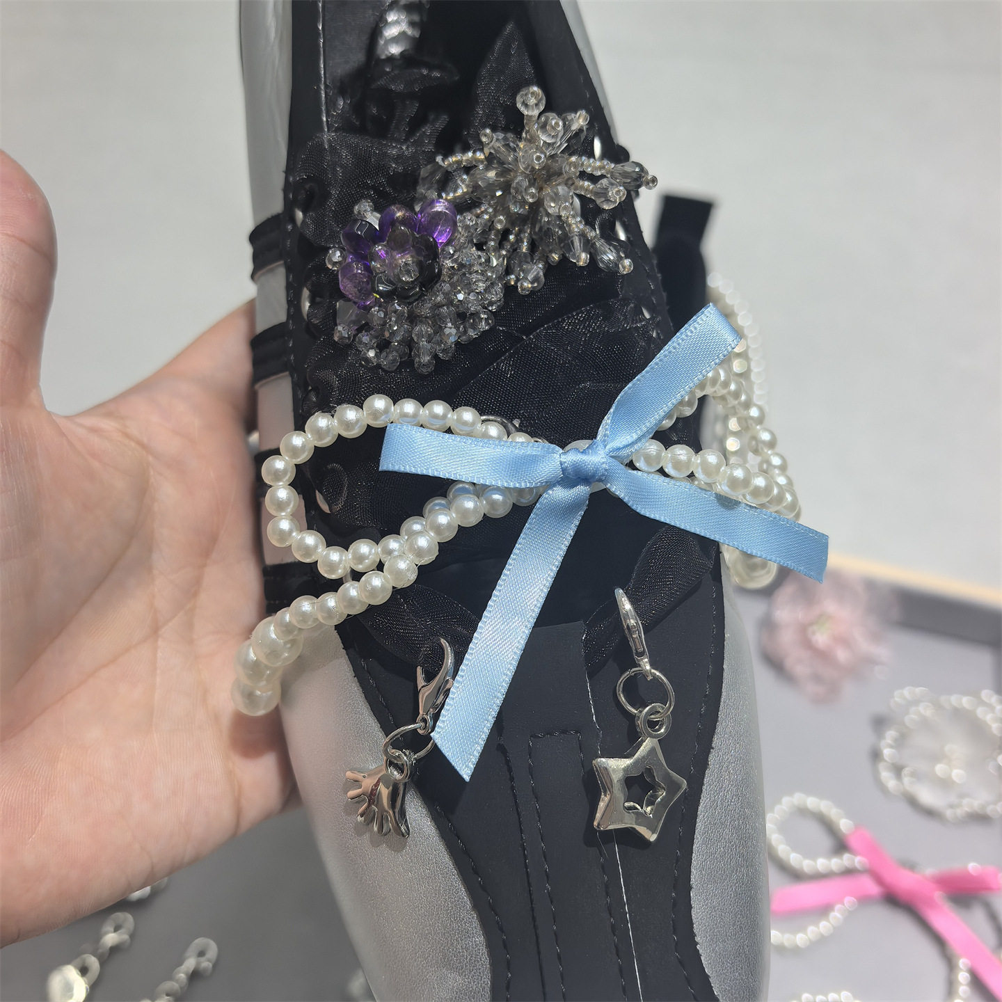 Jennie同款芭蕾鞋花银色爱心珍珠蝴蝶结链条DIY字母鞋扣花朵鞋饰