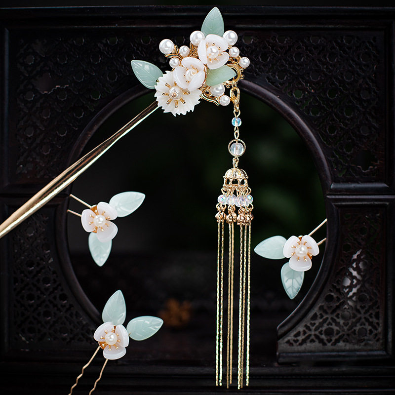 复古流苏头饰琉璃珠花发簪发钗古风全新簪子超仙发钗簪子步摇套装