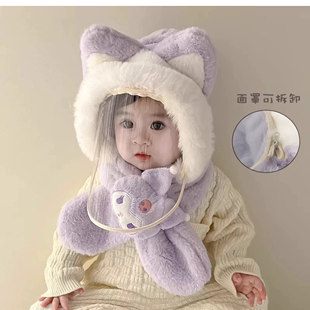 儿童毛绒帽子围巾一体帽秋冬保暖护耳可爱卡通防风帽面罩挡风帽