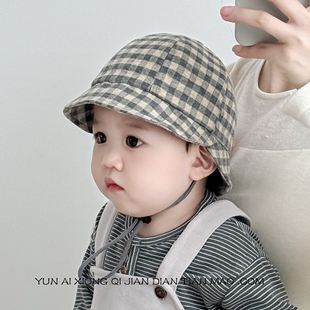 婴儿帽子春秋棉麻遮阳新生幼儿大檐帽包边格男童女宝宝春儿童防晒