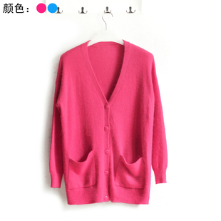 秋冬新款 外套 简约V领单排扣宽松百搭厚实兔毛兔绒针织开衫