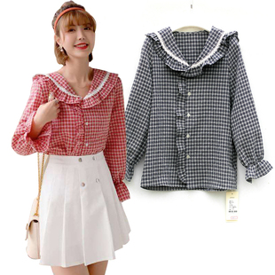 专柜品牌撤柜折扣依系列2020春装 清新减龄木耳边海军领小格纹衬衫