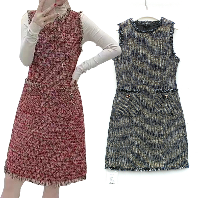 专柜品牌撤柜依系列新款名媛小香风粗花呢料毛边显瘦背心裙连衣裙