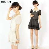 雪纺连衣裙特价 5折品牌撤柜 甜美波点日系蕾丝钩花娃娃领短袖