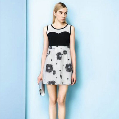 专柜品牌撤柜裙皇系列夏装名媛花朵欧根纱拼接雪纺无袖背心连衣裙