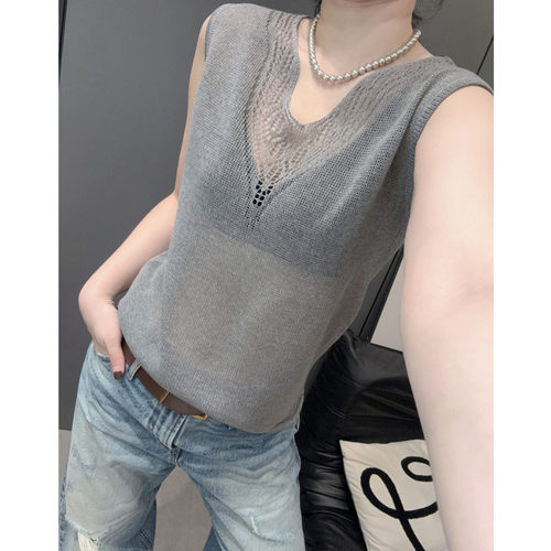 深V领无袖女背心冰丝针织衫薄款