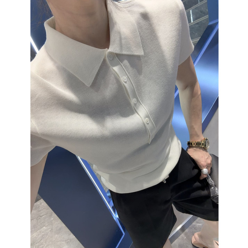 POLO衫翻领短袖女冰丝针织衫修身图片