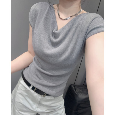 性感荡领冰丝针织衫短袖女
