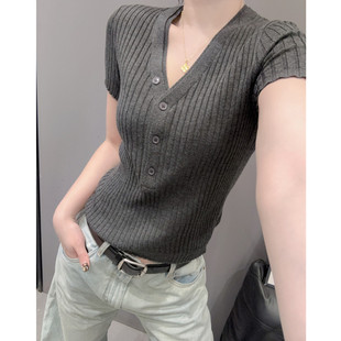 双层V领短袖女冰丝针织衫欧货洋气百搭紧身半开领上衣坑条小衫夏