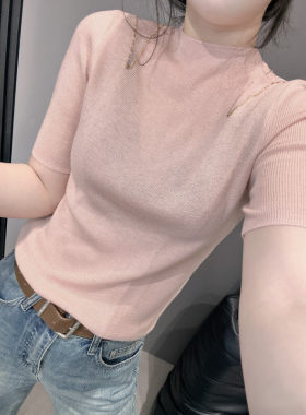 镂空蕾丝短袖针织衫女弹力紧身