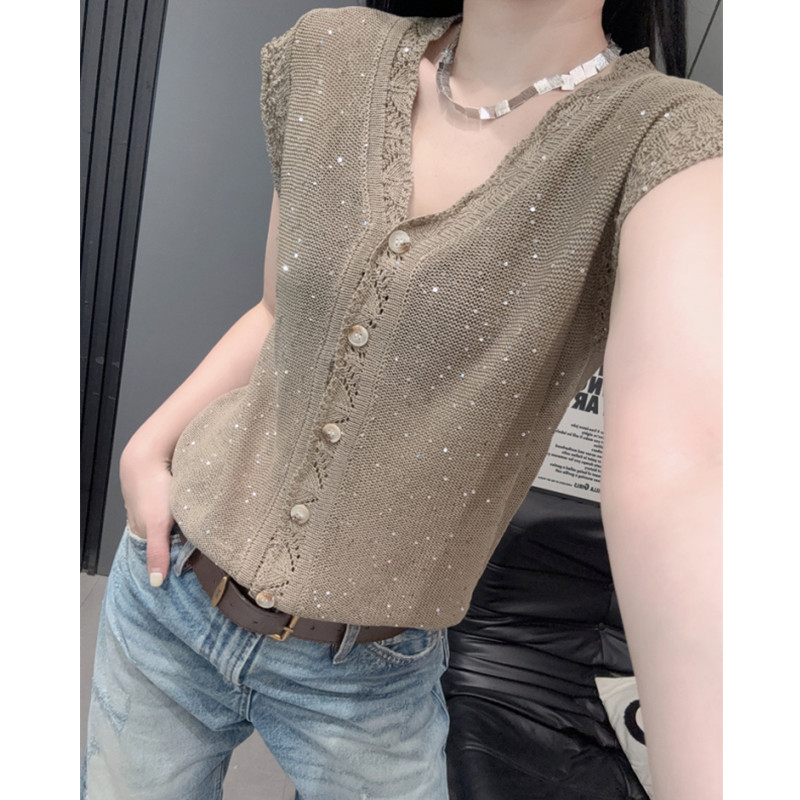 深V领开衫女短袖冰丝针织衫宽松图片