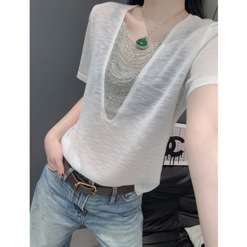 重工钉珠V领短袖女冰丝针织衫