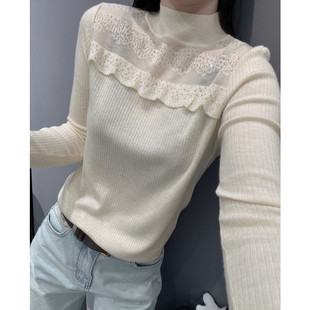 秋冬款蕾丝镂空针织衫长袖女设计感修身内搭毛衣打底衫荷叶边上衣