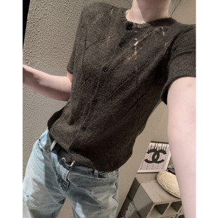 菱格镂空微透短袖女针织衫时髦洋气百搭修身开衫叠穿罩衫上衣夏天