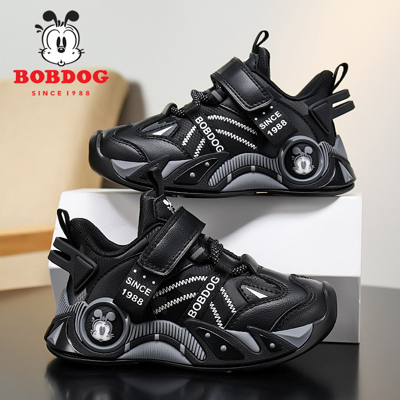 巴布豆童鞋男童运动鞋秋冬季皮面防水黑色鞋子轻便软底儿童跑步鞋