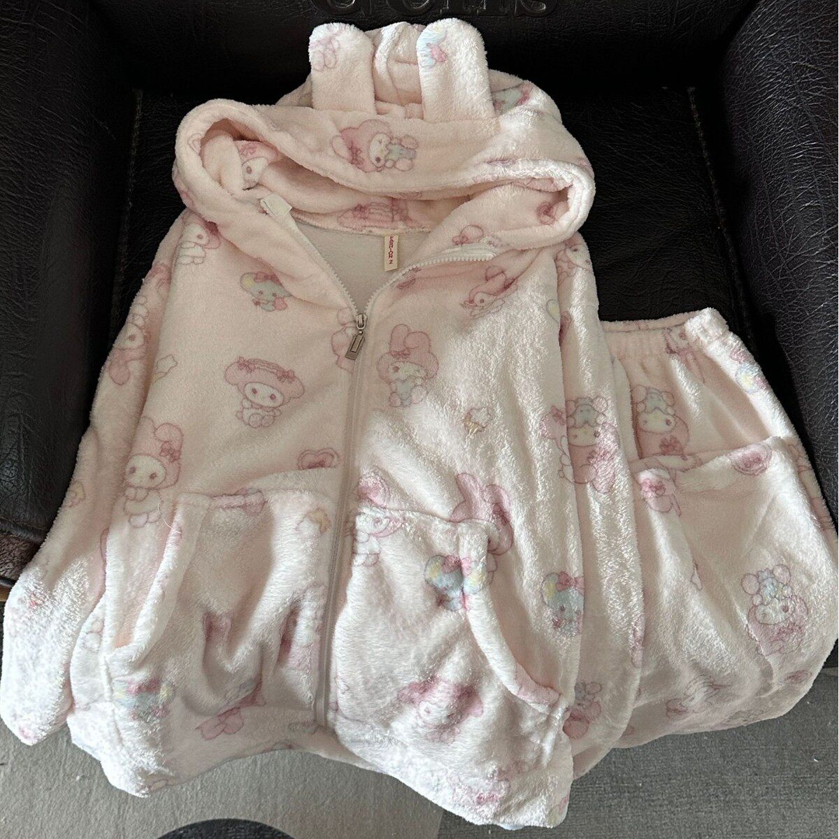 连帽粉色美乐蒂法兰绒睡衣女秋冬季卡通长袖长裤甜美家居服套装