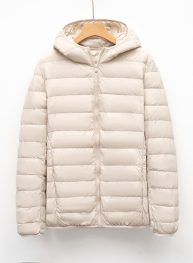 2025秋冬轻薄款便携式羽绒服女连帽休闲纯色简约修身轻便外套白色