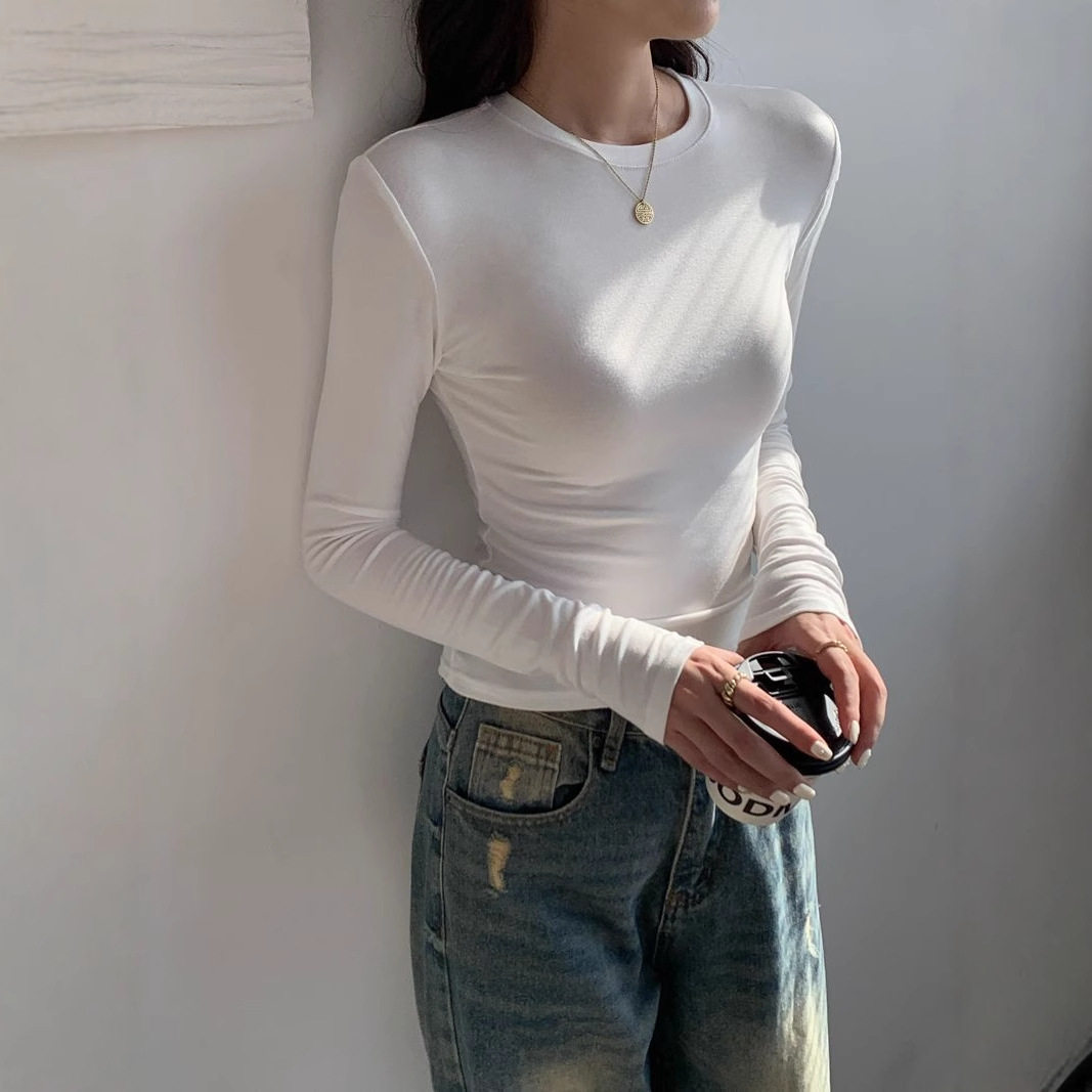 2026新款紧身正肩修身内搭长袖上衣打底衫t恤女显瘦白色圆领黑色