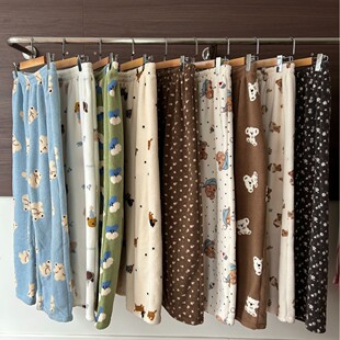 2025冬季雪粒绒加厚保暖松紧腰碎花可爱宽松睡裤居家裤子可外穿女