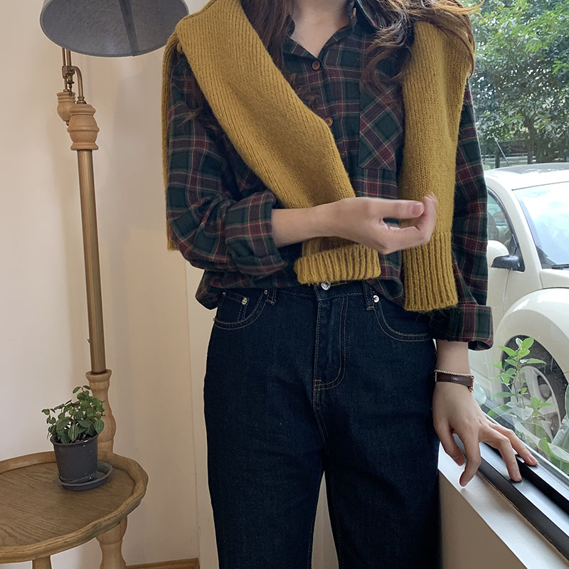 新款纯棉复古港味风磨毛格子衬衫