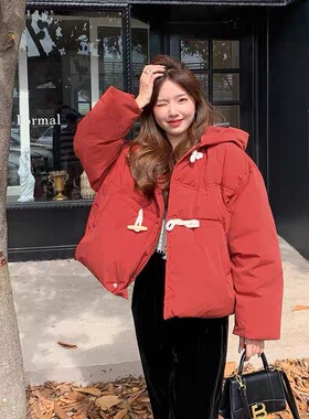 韩版休闲新款90白鸭绒高端牛角扣短款连帽羽绒服冬女保暖外套上衣