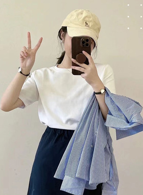 小清新简约百搭丝光棉宽松透气圆领打底衫白色短袖t恤女上衣夏季