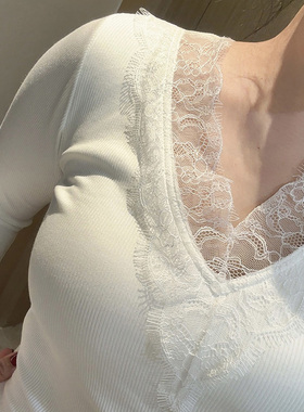韩版带胸垫白色蕾丝花边打底衫女春秋磨毛修身针织上衣显瘦长袖棉